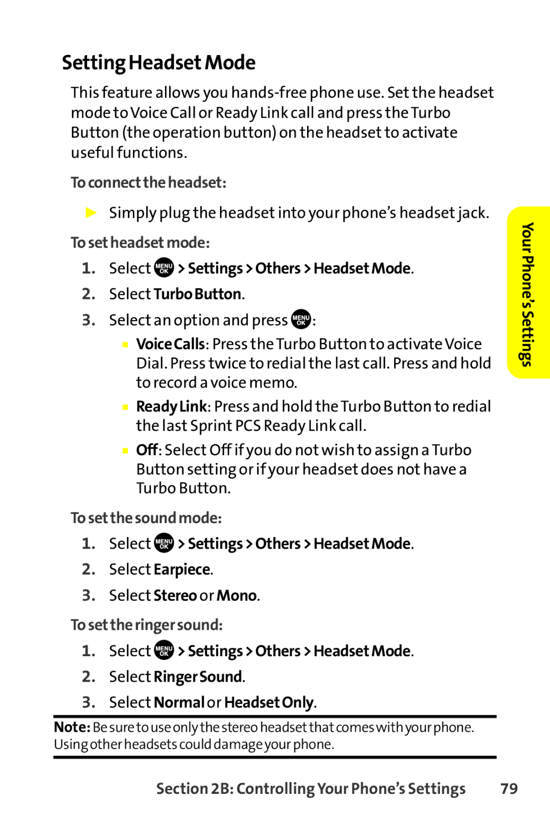 Sprint Nextel SCP-8400 Setting HeadsetMode, Toconnecttheheadset, Tosetheadsetmode, Tosetthesoundmode, Tosettheringersound 