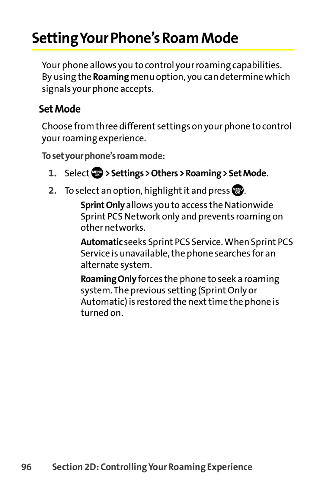 Sprint Nextel SCP-8400 manual SettingYour Phone’s Roam Mode, Set Mode, Tosetyourphone’sroammode 