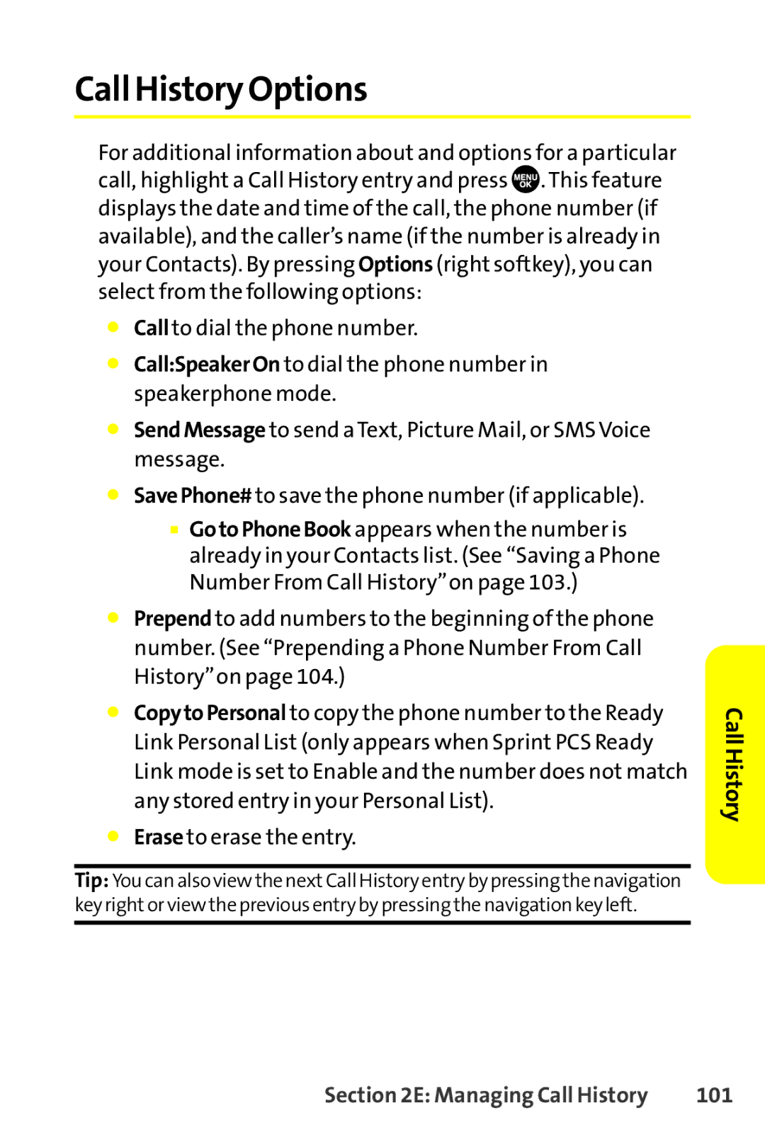 Sprint Nextel SCP-8400 manual Call History Options, 101 