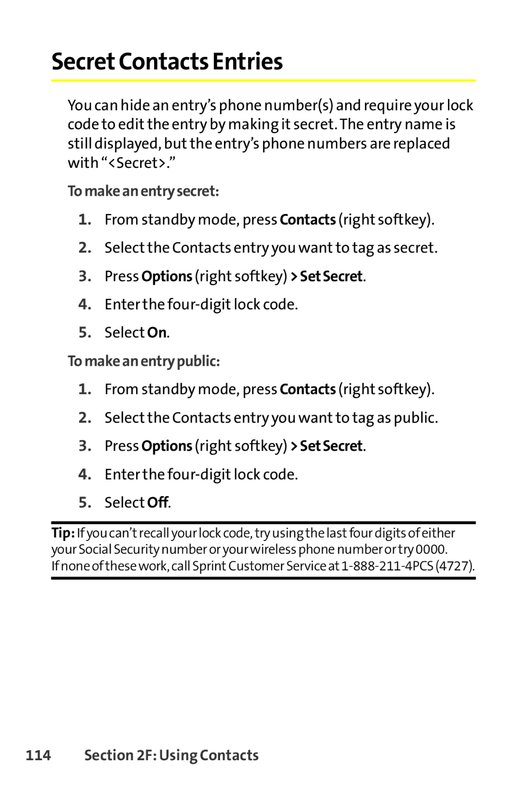 Sprint Nextel SCP-8400 manual SecretContacts Entries, Tomakeanentrysecret, Tomakeanentrypublic 