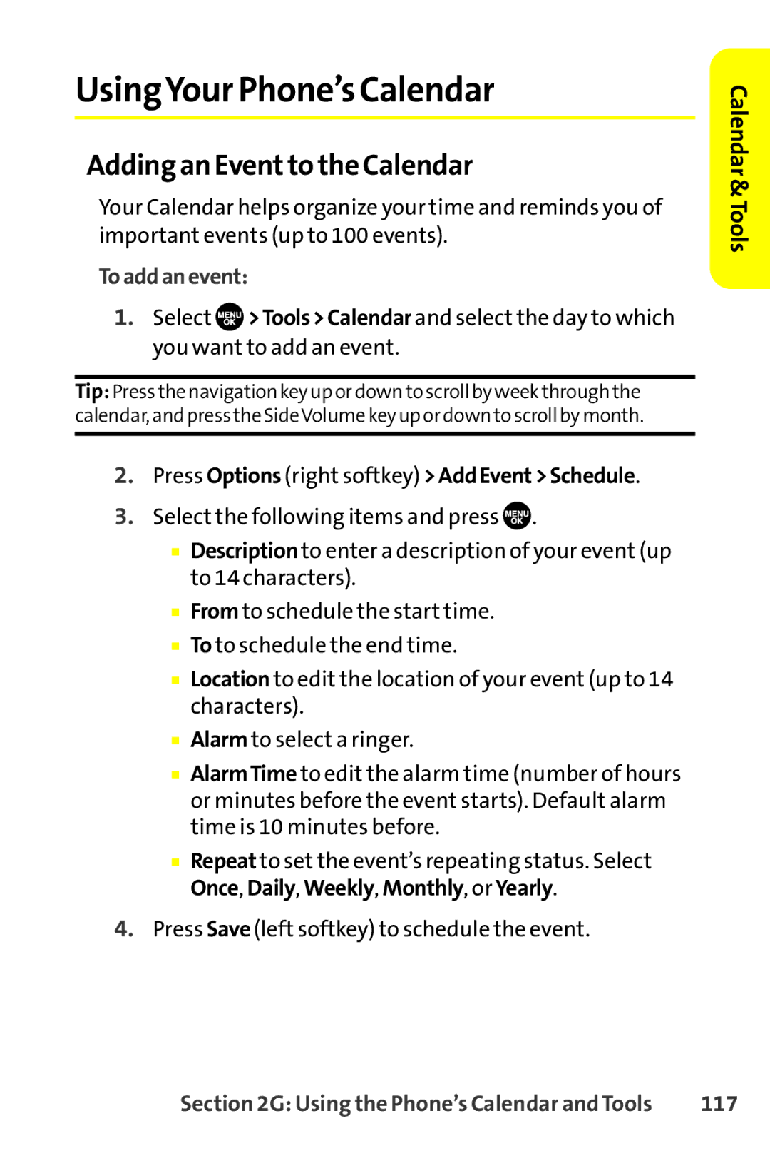 Sprint Nextel SCP-8400 manual UsingYour Phone’s Calendar, Adding an Eventto the Calendar, Toaddanevent, 117 