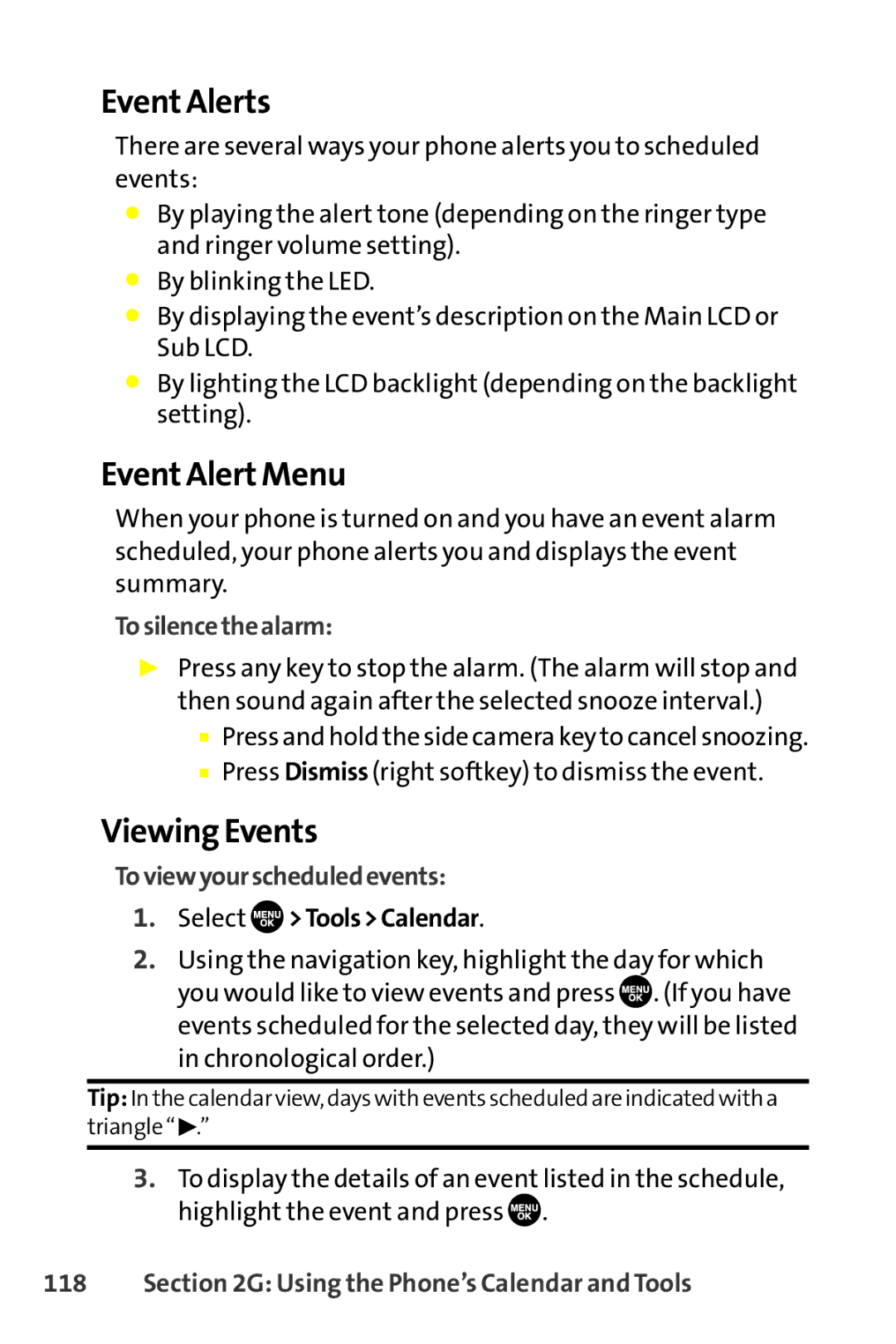 Sprint Nextel SCP-8400 manual Event Alerts, Event Alert Menu, Viewing Events, Tosilencethealarm, Toviewyourscheduledevents 