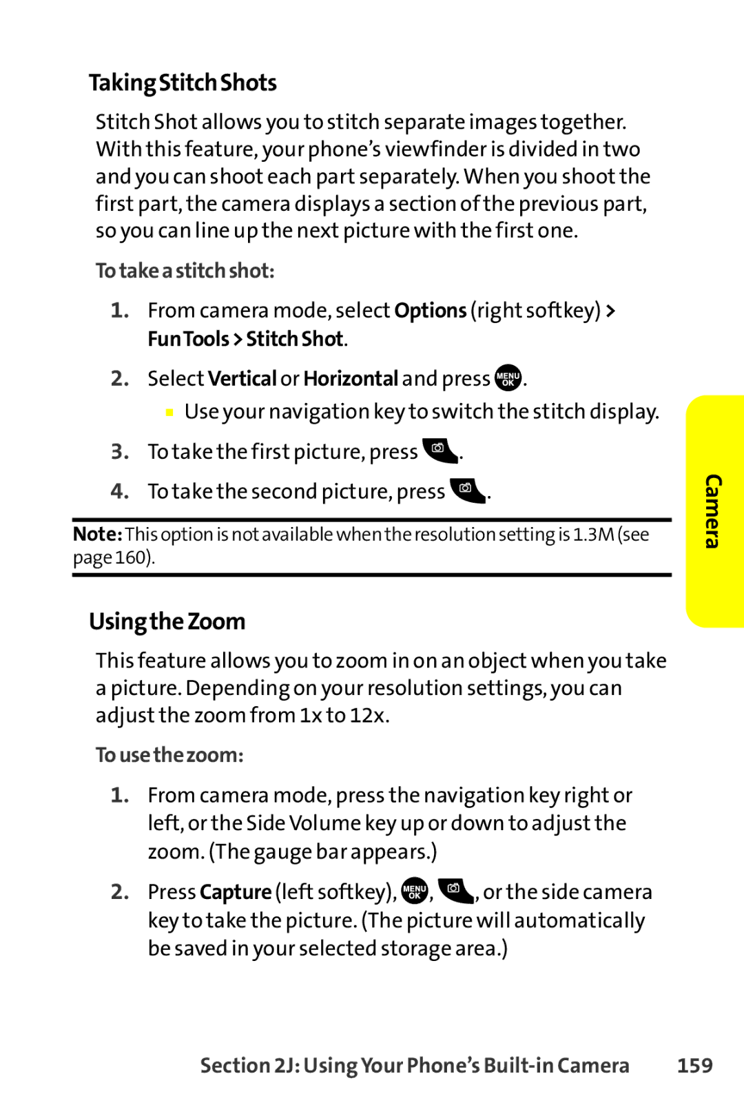 Sprint Nextel SCP-8400 manual TakingStitchShots, UsingtheZoom, Totakeastitchshot, Tousethezoom, 159 