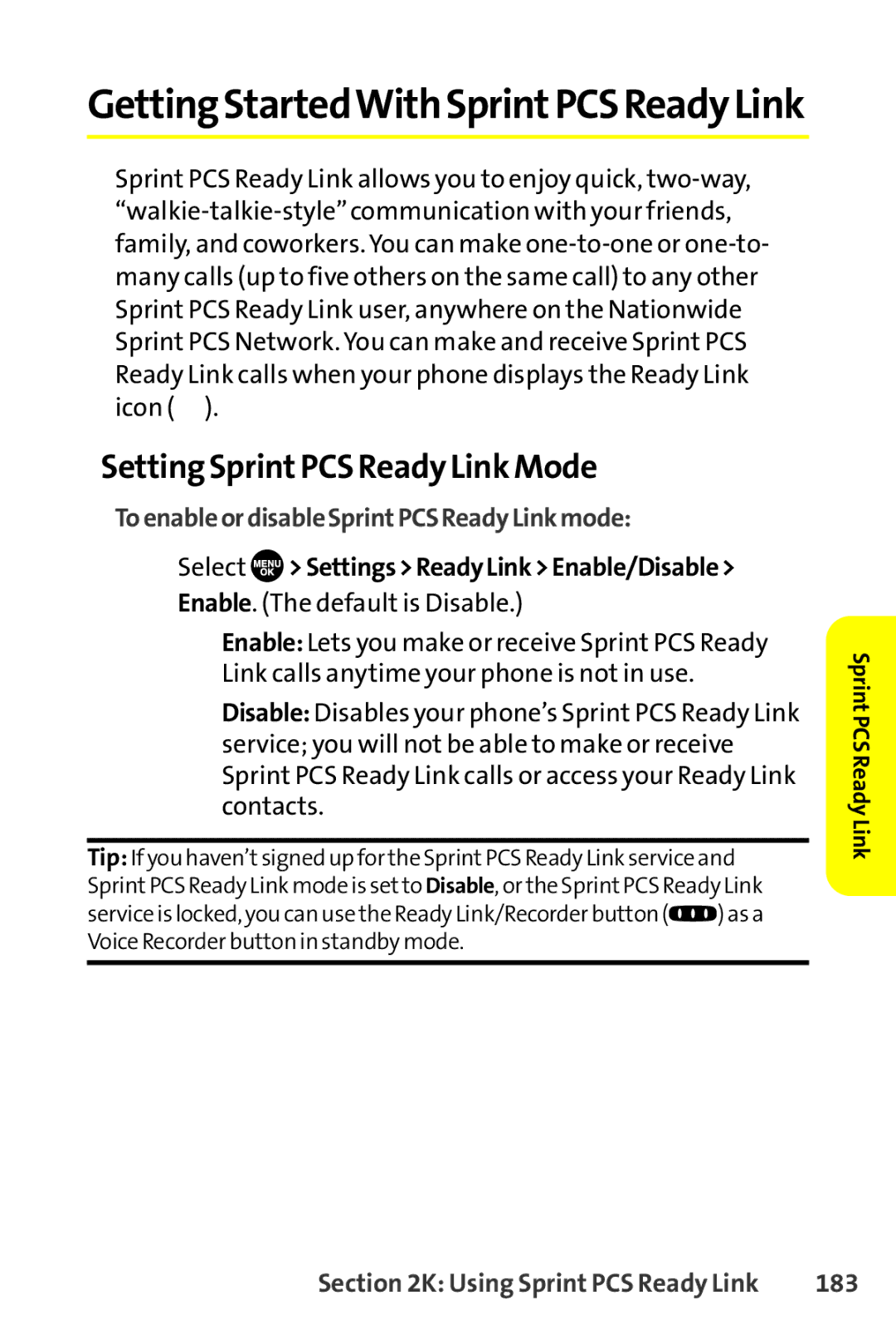 Sprint Nextel SCP-8400 manual Setting SprintPCS Ready Link Mode, ToenableordisableSprintPCSReadyLinkmode, 183 