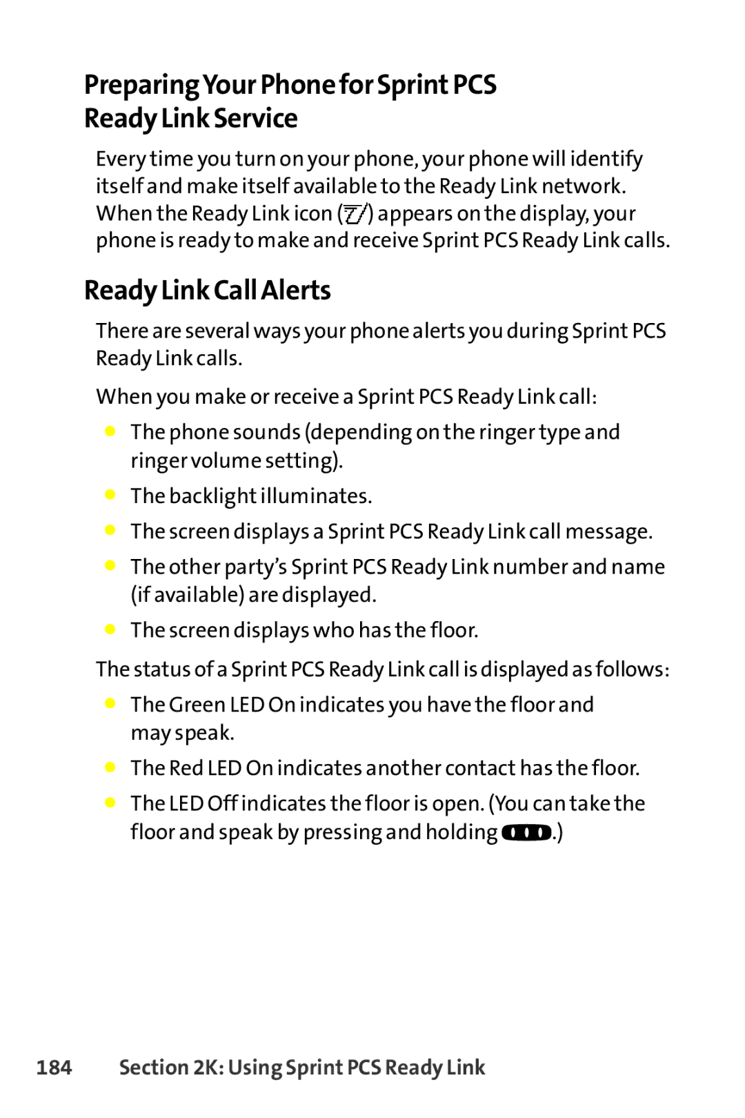 Sprint Nextel SCP-8400 manual PreparingYour Phone for SprintPCS Ready Link Service, Ready Link Call Alerts 