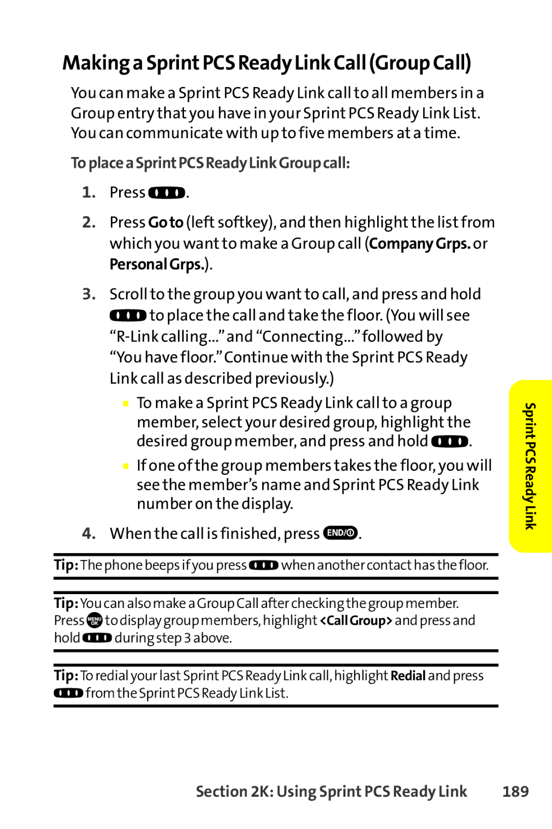 Sprint Nextel SCP-8400 manual Making a SprintPCS Ready Link Call Group Call, ToplaceaSprintPCSReadyLinkGroupcall, 189 