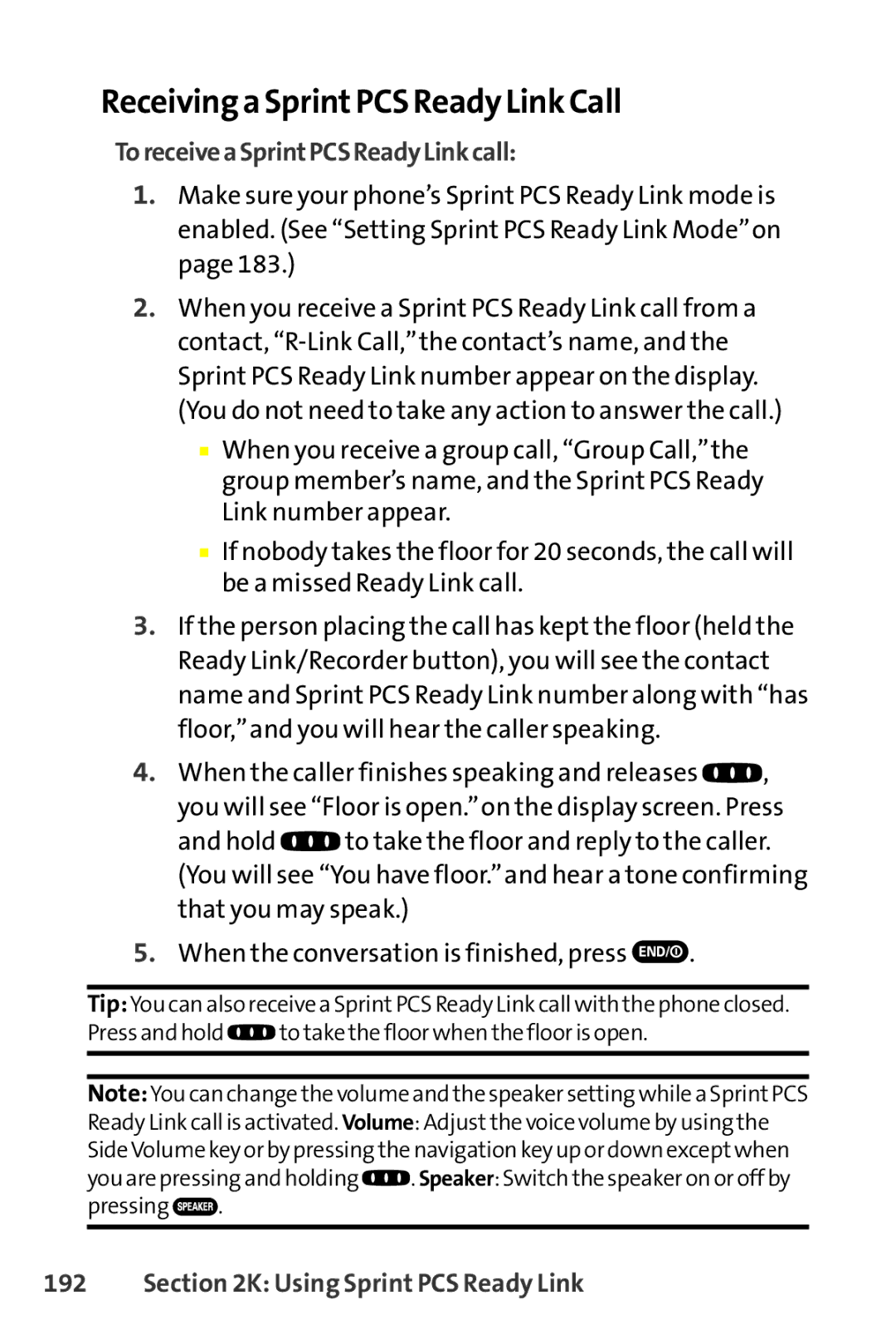Sprint Nextel SCP-8400 manual Receiving a SprintPCS Ready Link Call, ToreceiveaSprintPCSReadyLinkcall 