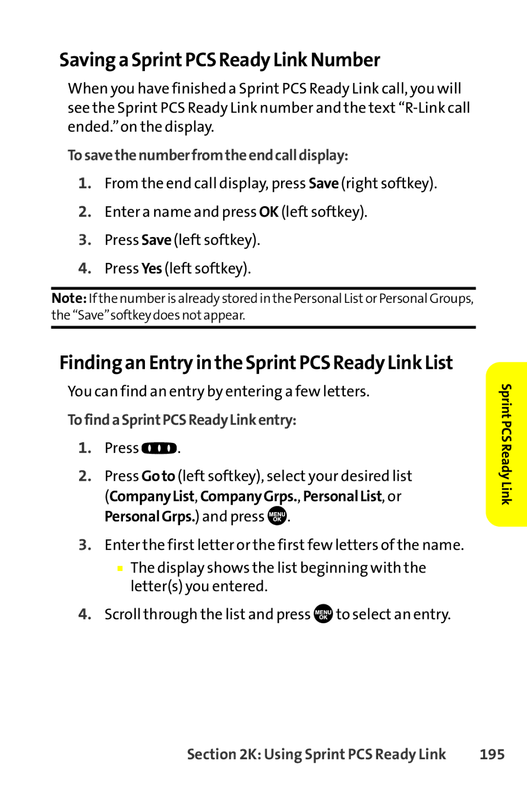 Sprint Nextel SCP-8400 manual Saving a SprintPCS Ready Link Number, Finding an Entry in the SprintPCS Ready Link List, 195 