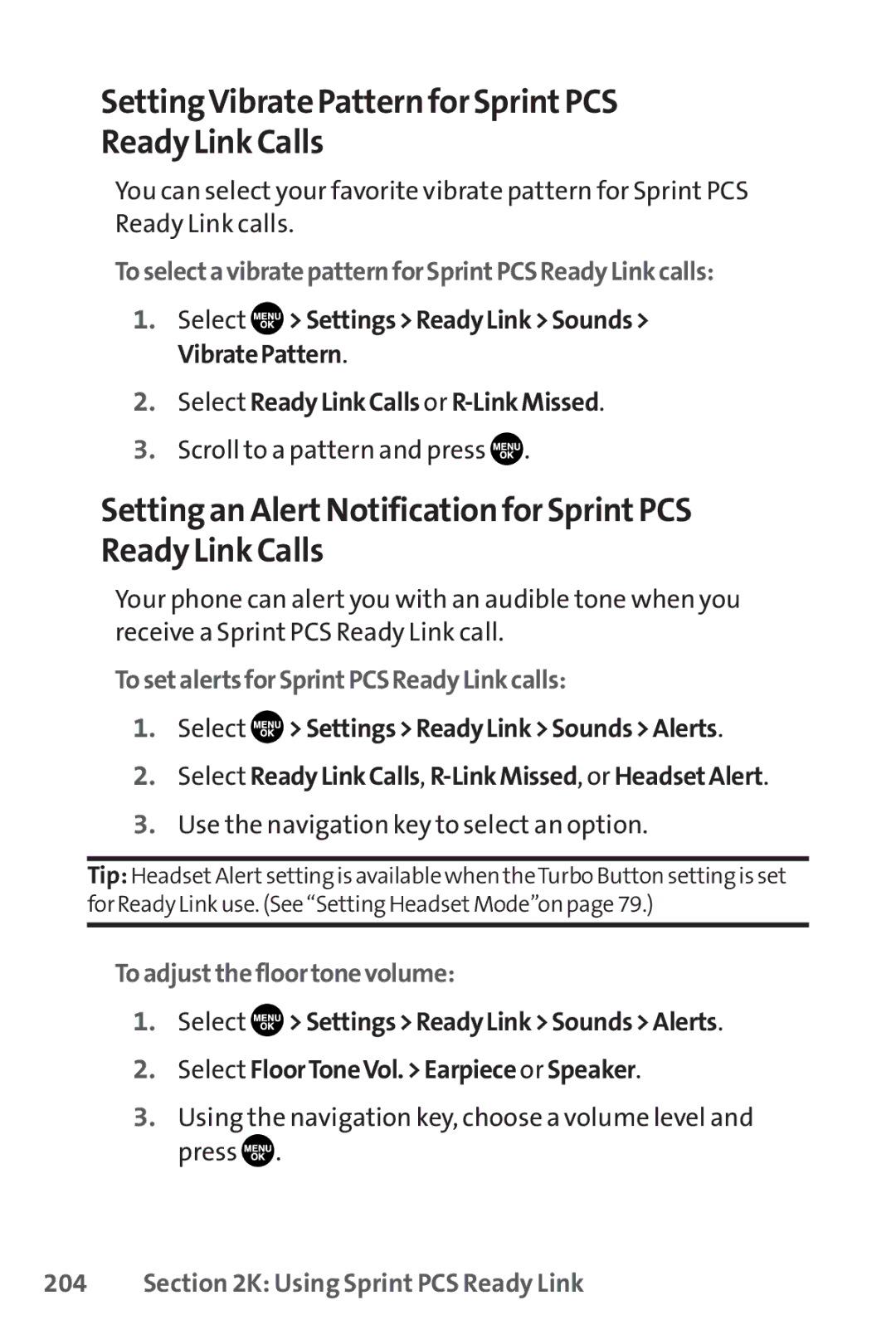 Sprint Nextel SCP-8400 manual SettingVibrate Pattern for SprintPCS Ready Link Calls, TosetalertsforSprintPCSReadyLinkcalls 