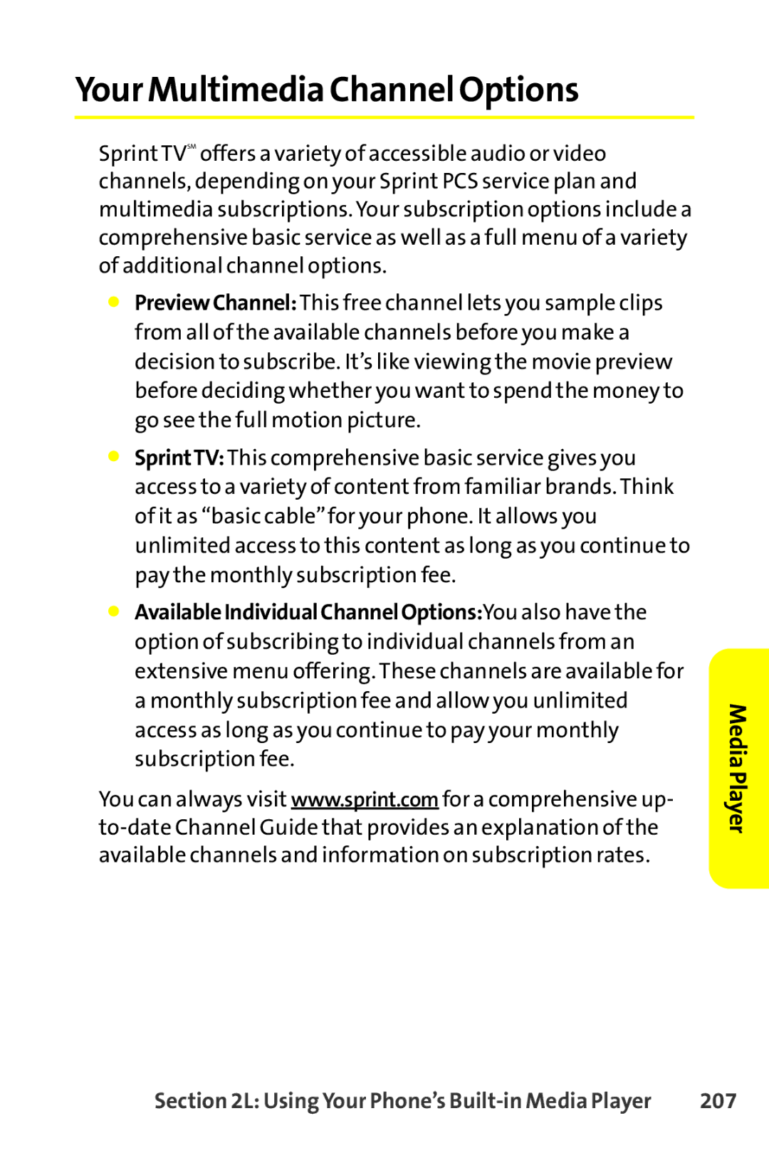 Sprint Nextel SCP-8400 manual Your Multimedia Channel Options, 207 