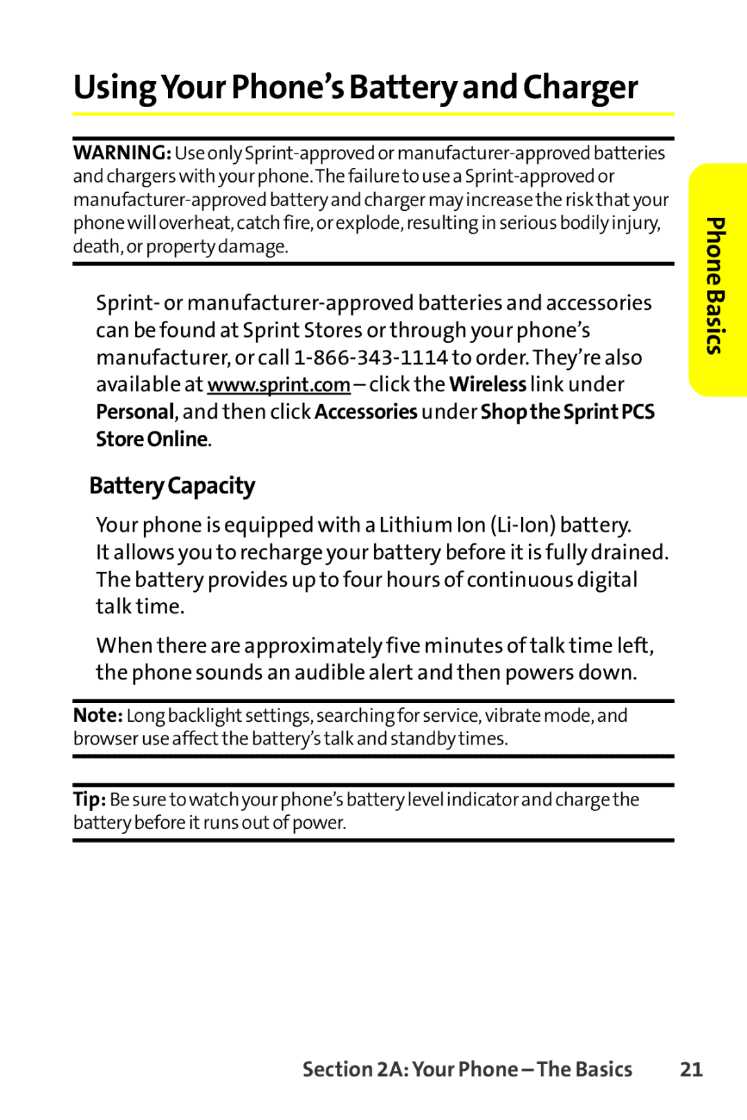 Sprint Nextel SCP-8400 manual UsingYour Phone’s Battery and Charger, BatteryCapacity 