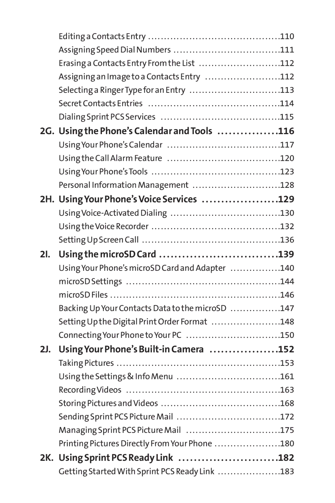 Sprint Nextel SCP-8400 manual 116, 129, 139, 152, 182 