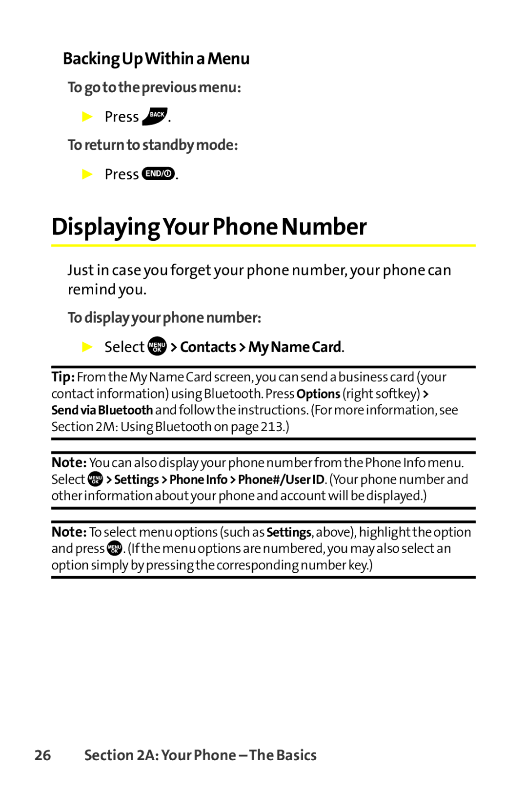 Sprint Nextel SCP-8400 DisplayingYour Phone Number, BackingUpWithinaMenu, Togotothepreviousmenu, Toreturntostandbymode 