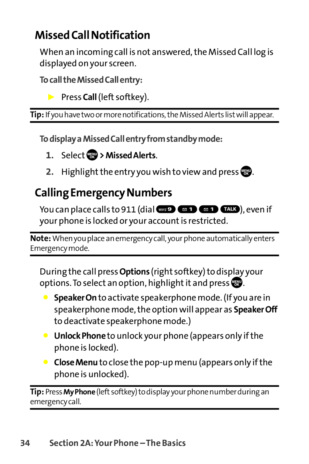 Sprint Nextel SCP-8400 Missed Call Notification, Calling Emergency Numbers, TocalltheMissedCallentry, Select MissedAlerts 