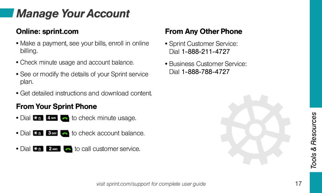 Sprint Nextel Sonim XP STRIKE manual Manage Your Account, Online sprint.com, From Your Sprint Phone, From Any Other Phone 