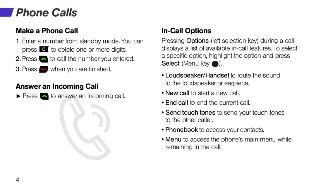 Sprint Nextel Sonim XP STRIKE manual Phone Calls, Make a Phone Call, Answer an Incoming Call, In-Call Options 