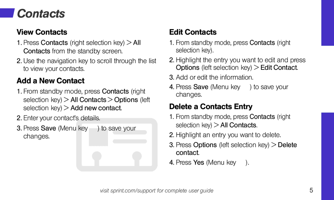 Sprint Nextel Sonim XP STRIKE manual View Contacts, Add a New Contact, Edit Contacts, Delete a Contacts Entry 