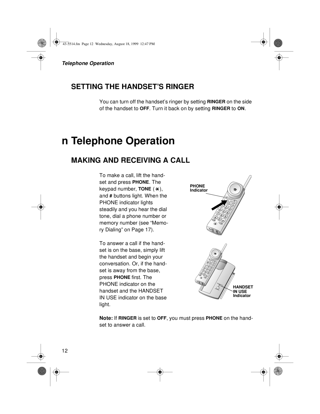 Sprint Nextel SP-514 owner manual Telephone Operation, Setting the HANDSET’S Ringer, Making and Receiving a Call 