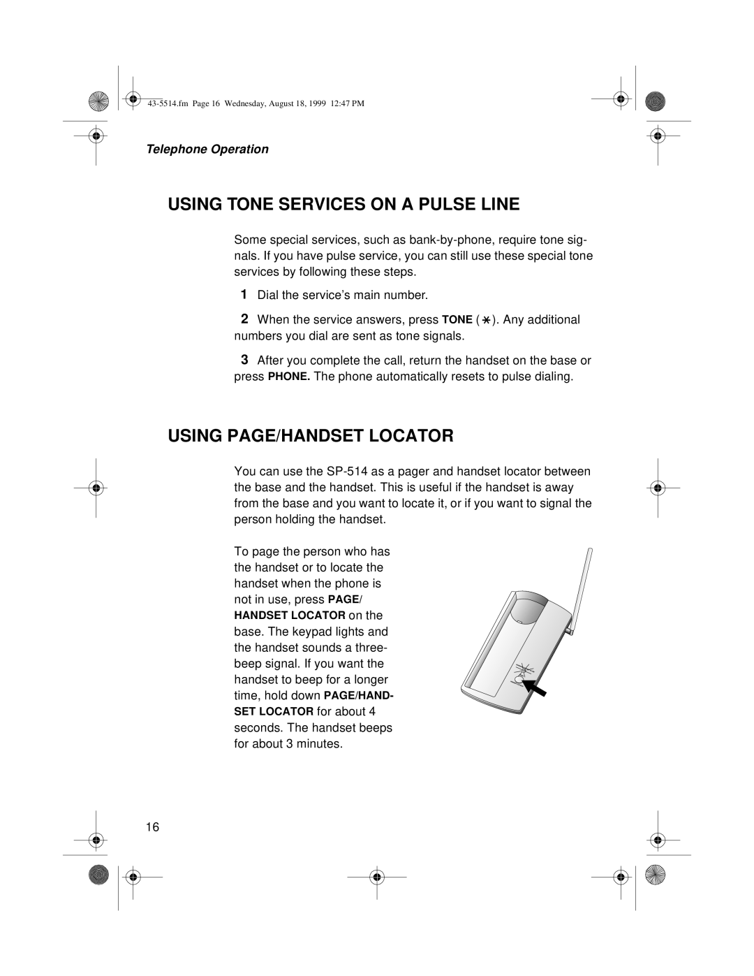 Sprint Nextel SP-514 owner manual Using Tone Services on a Pulse Line, Using PAGE/HANDSET Locator 