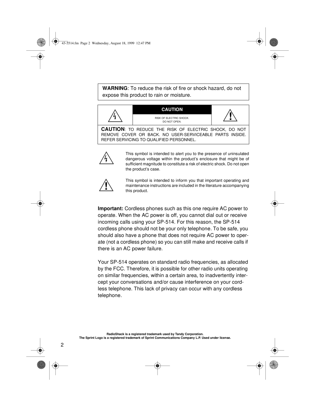 Sprint Nextel SP-514 owner manual Fm Page 2 Wednesday, August 18, 1999 1247 PM 