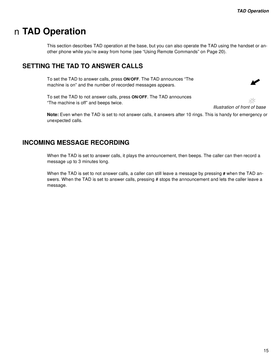 Sprint Nextel SP-515 owner manual TAD Operation, Setting the TAD to Answer Calls, Incoming Message Recording 