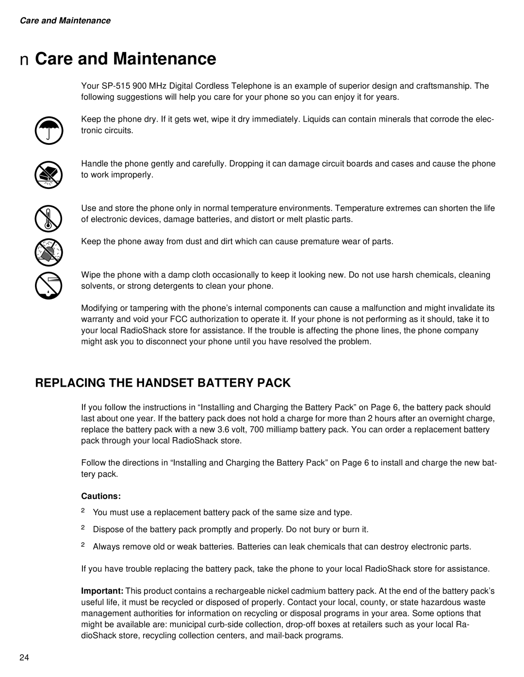 Sprint Nextel SP-515 owner manual Care and Maintenance, Replacing the Handset Battery Pack 