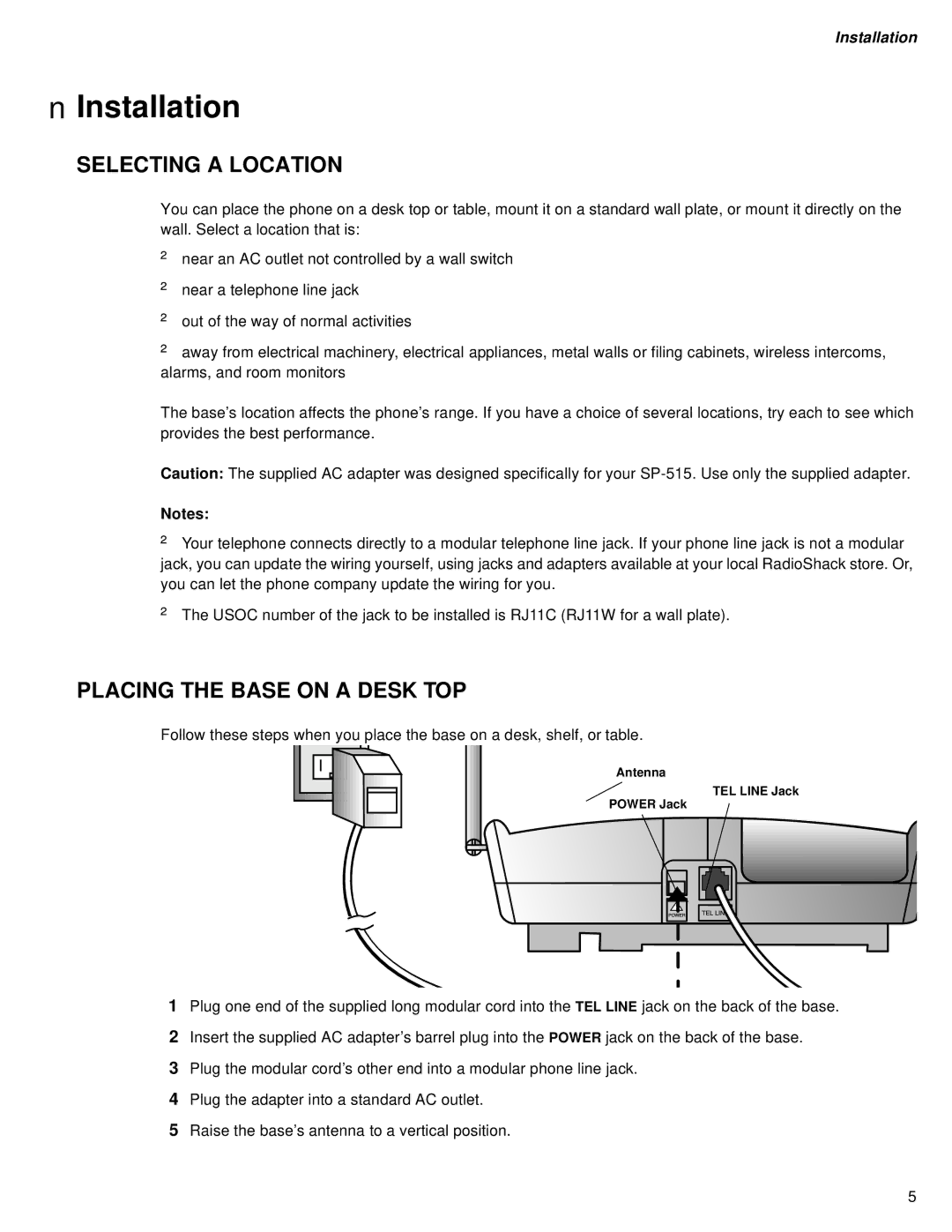 Sprint Nextel SP-515 owner manual Installation, Selecting a Location, Placing the Base on a Desk TOP 