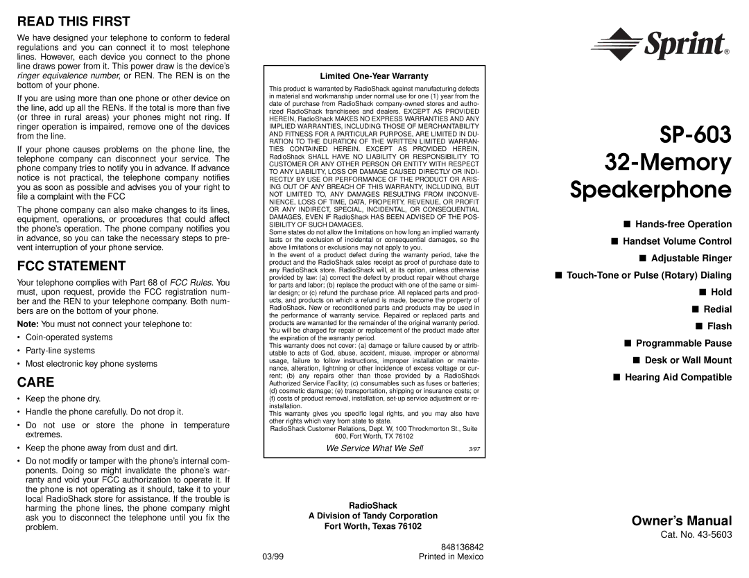 Sprint Nextel SP-603 owner manual Read this First, FCC Statement, Care, We Service What We Sell 