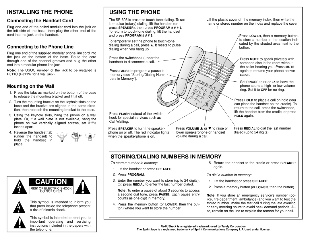 Sprint Nextel SP-603 Installing the Phone Using the Phone, STORING/DIALING Numbers in Memory, Connecting the Handset Cord 