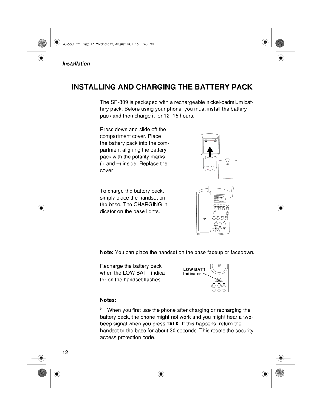 Sprint Nextel SP-809 owner manual Installing and Charging the Battery Pack 