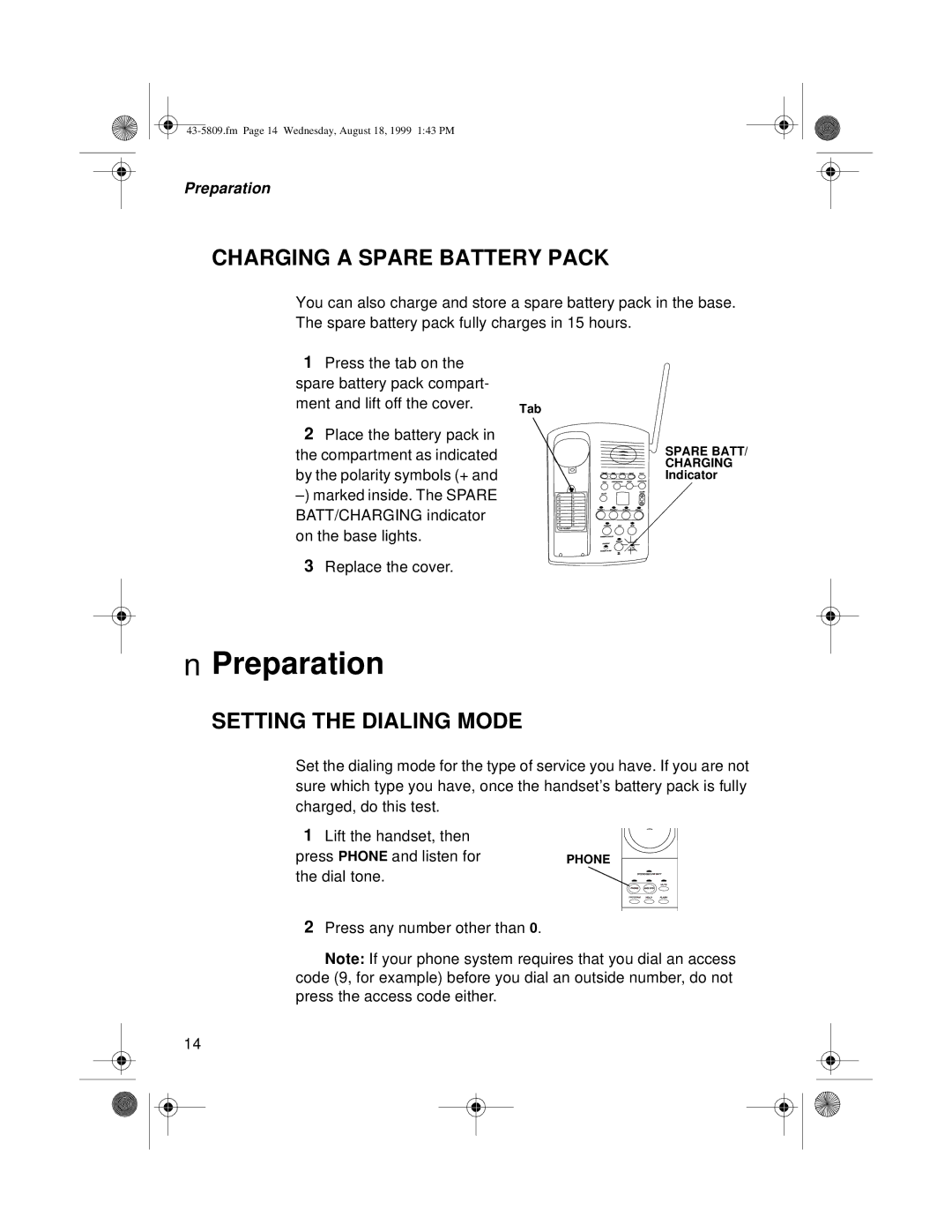 Sprint Nextel SP-809 owner manual Preparation, Charging a Spare Battery Pack, Setting the Dialing Mode 