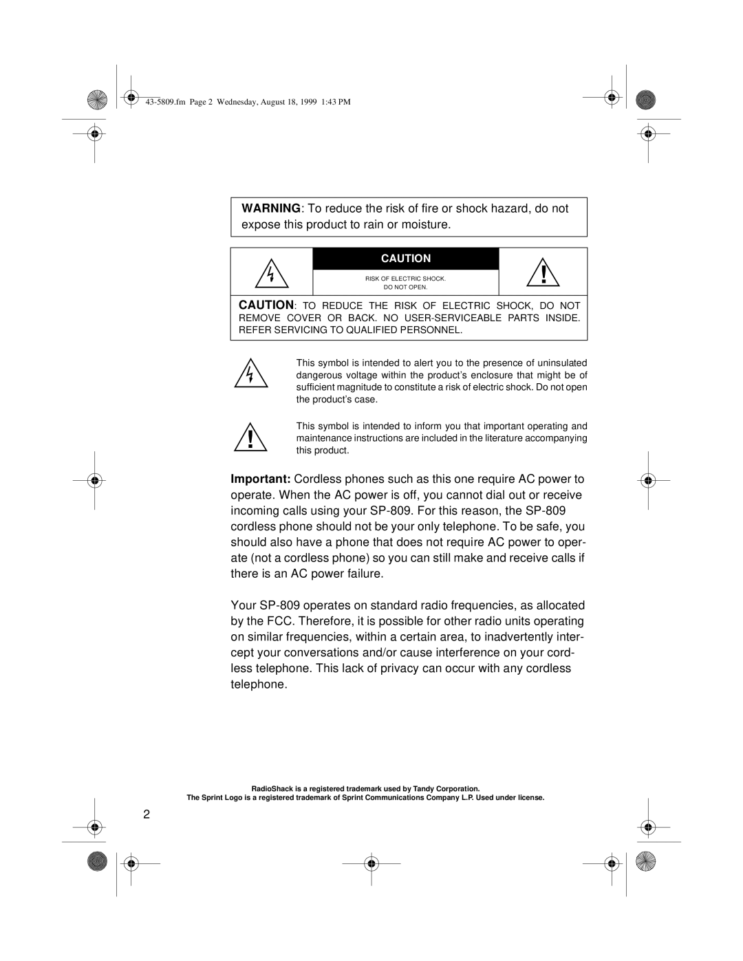 Sprint Nextel SP-809 owner manual Fm Page 2 Wednesday, August 18, 1999 143 PM 