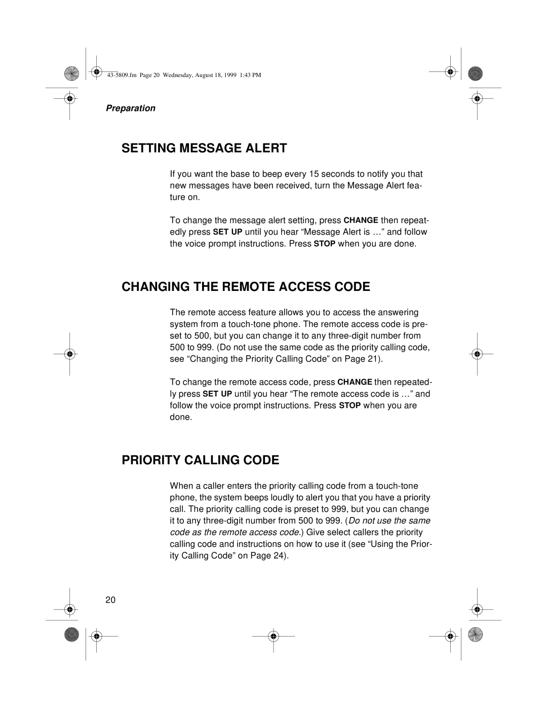 Sprint Nextel SP-809 owner manual Setting Message Alert, Changing the Remote Access Code, Priority Calling Code 