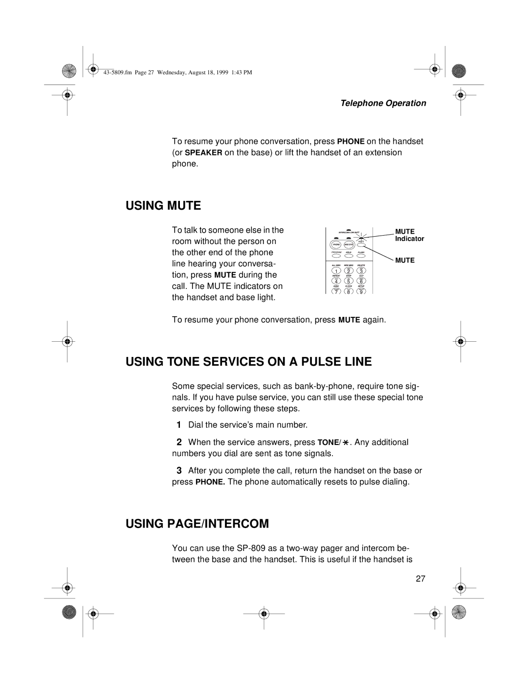 Sprint Nextel SP-809 owner manual Using Mute, Using Tone Services on a Pulse Line, Using PAGE/INTERCOM 