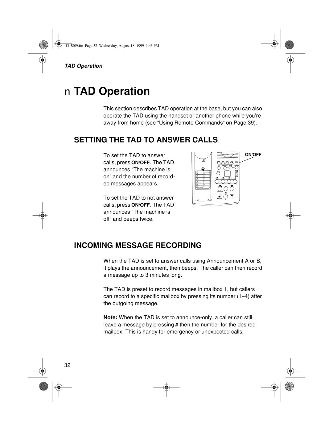 Sprint Nextel SP-809 owner manual TAD Operation, Setting the TAD to Answer Calls, Incoming Message Recording 