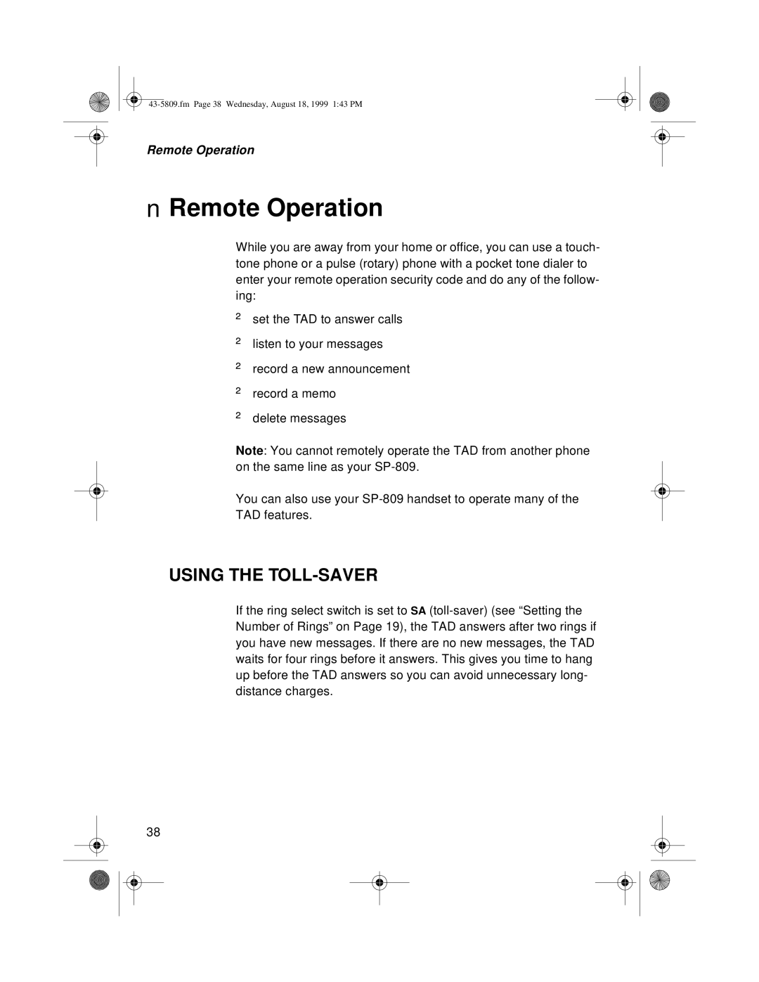 Sprint Nextel SP-809 owner manual Remote Operation, Using the TOLL-SAVER 