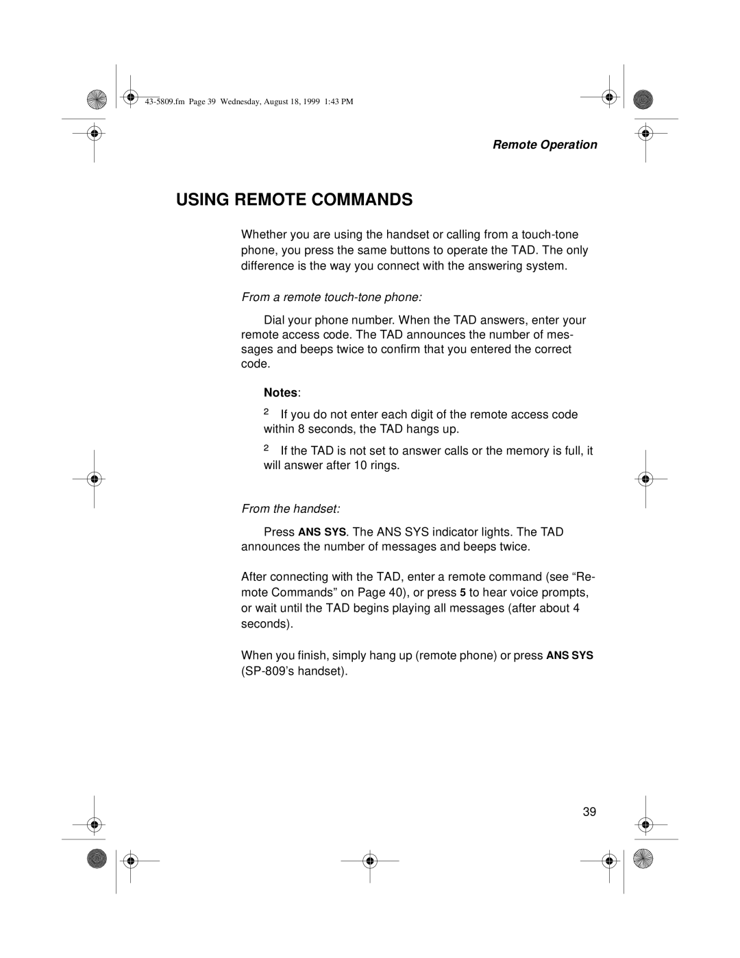 Sprint Nextel SP-809 owner manual Using Remote Commands, From a remote touch-tone phone 