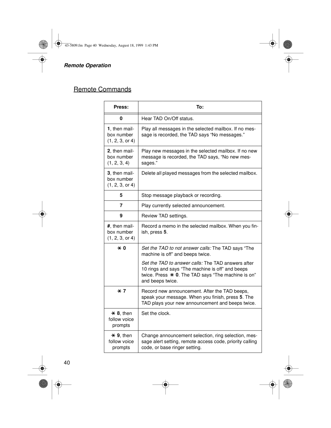 Sprint Nextel SP-809 owner manual Remote Commands 