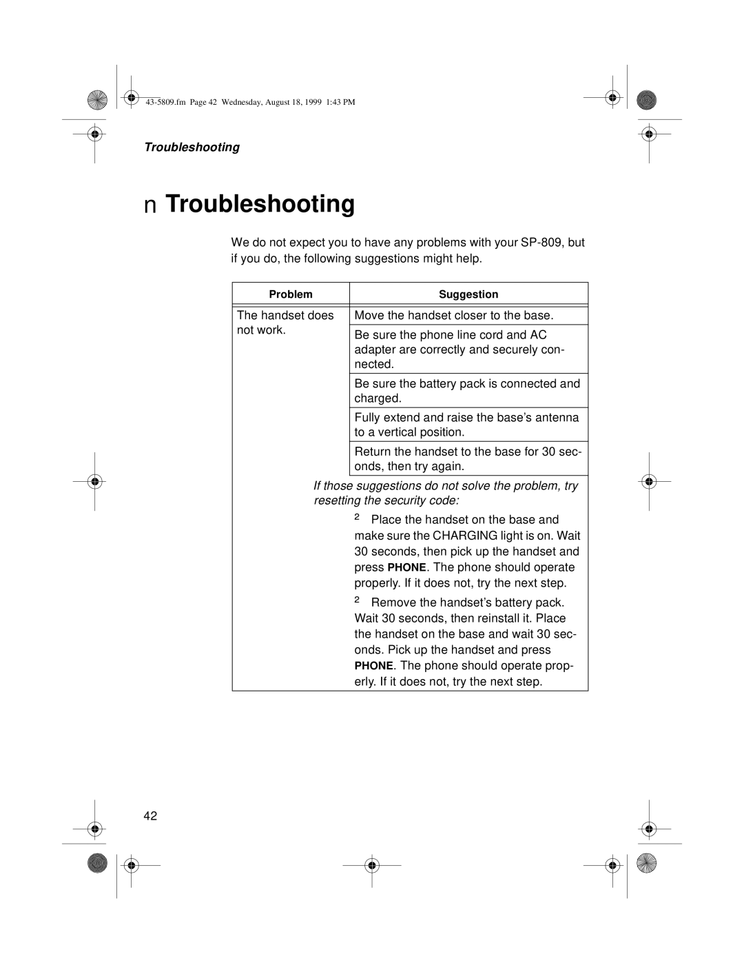 Sprint Nextel SP-809 owner manual Troubleshooting 