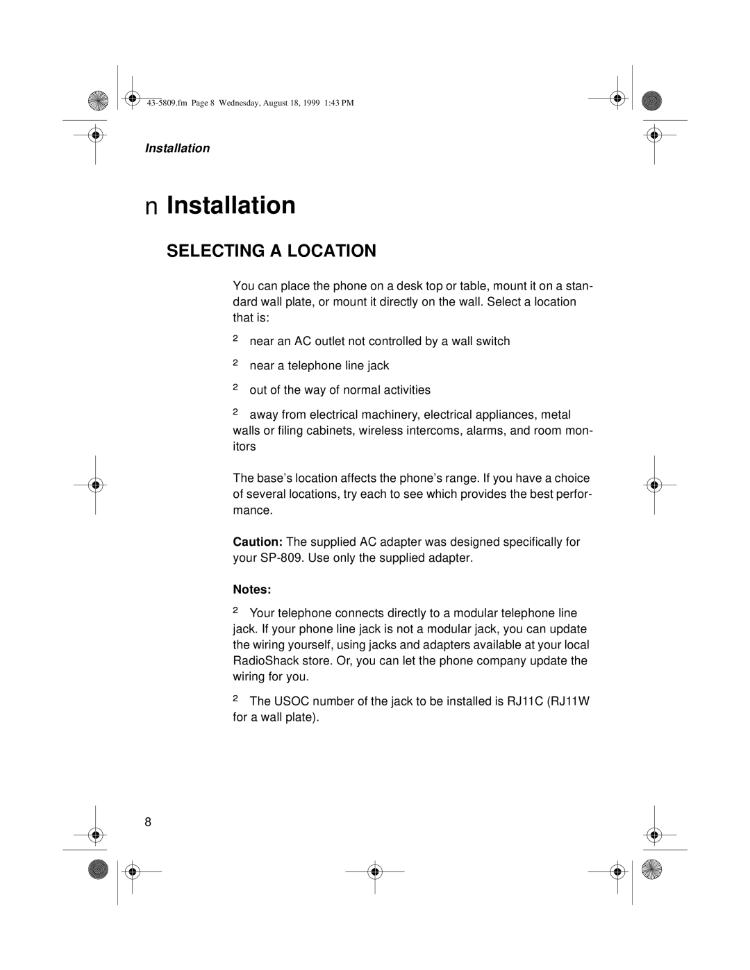 Sprint Nextel SP-809 owner manual Installation, Selecting a Location 