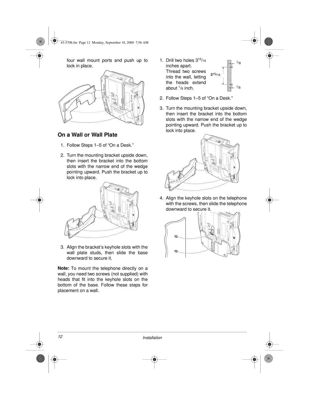 Sprint Nextel SP7084 owner manual On a Wall or Wall Plate 