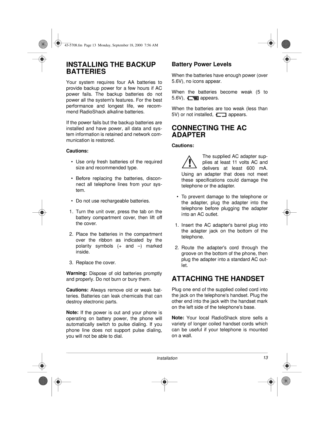 Sprint Nextel SP7084 owner manual Installing the Backup Batteries, Connecting the AC Adapter, Attaching the Handset 