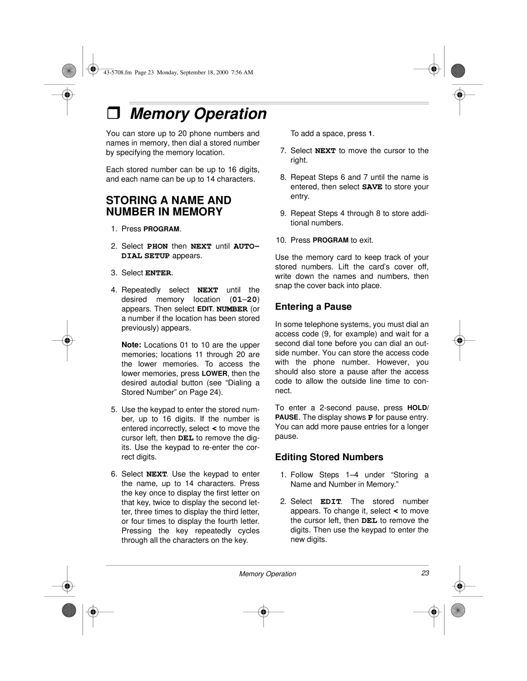 Sprint Nextel SP7084 Memory Operation, Storing a Name and Number in Memory, Entering a Pause, Editing Stored Numbers 