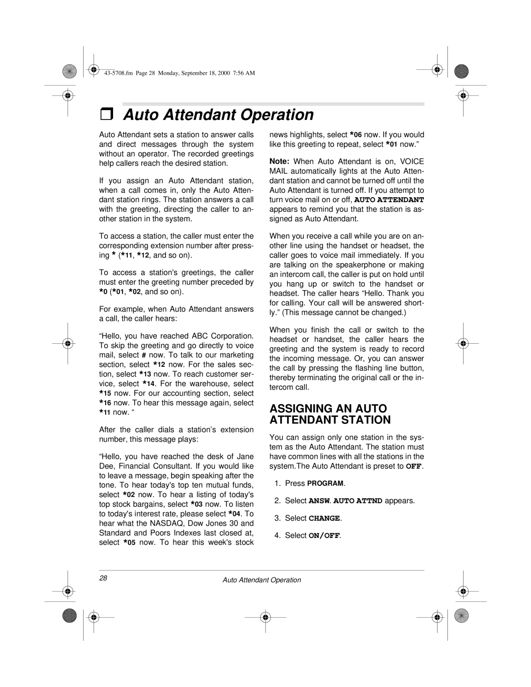 Sprint Nextel SP7084 owner manual Auto Attendant Operation, Assigning AN Auto Attendant Station 