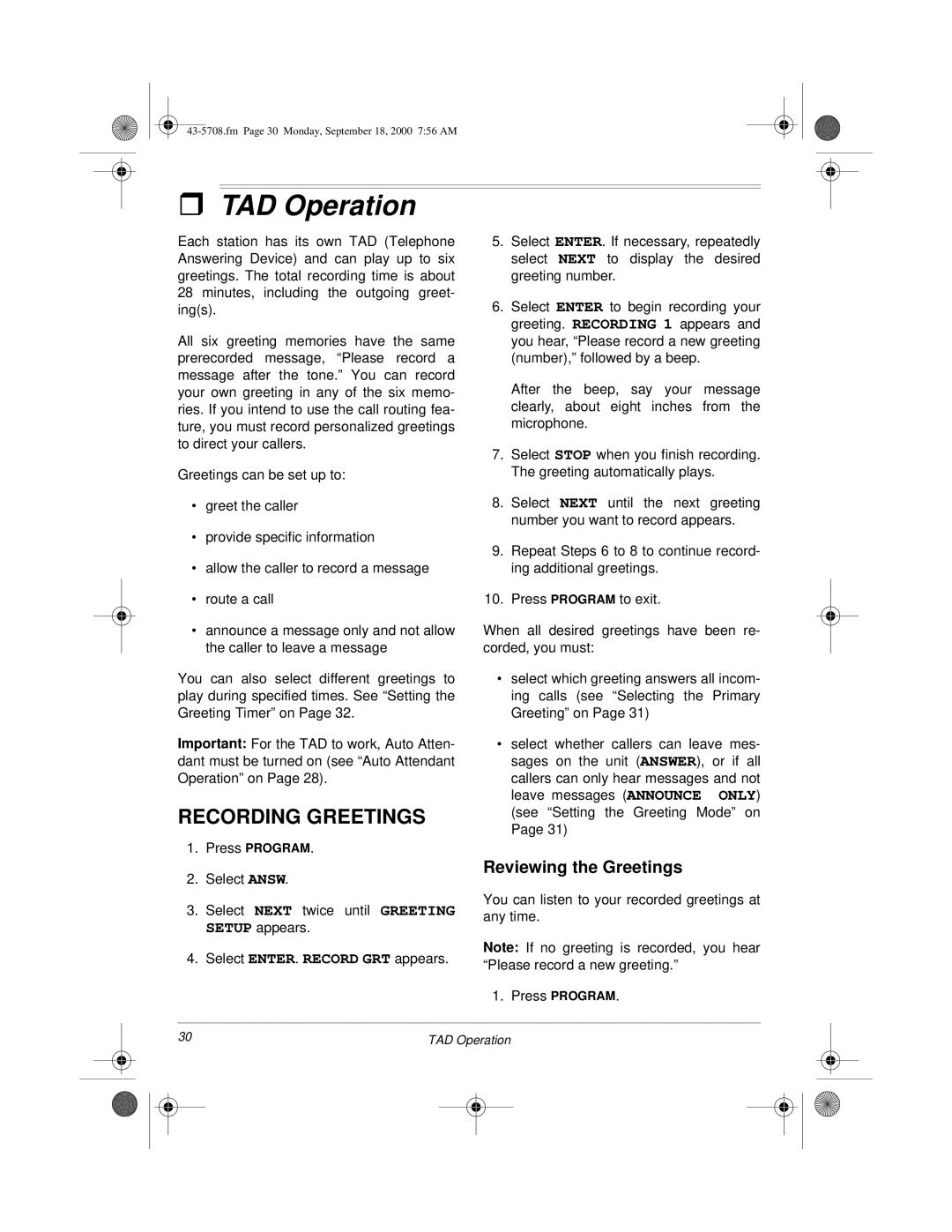 Sprint Nextel SP7084 owner manual TAD Operation, Recording Greetings, Reviewing the Greetings 