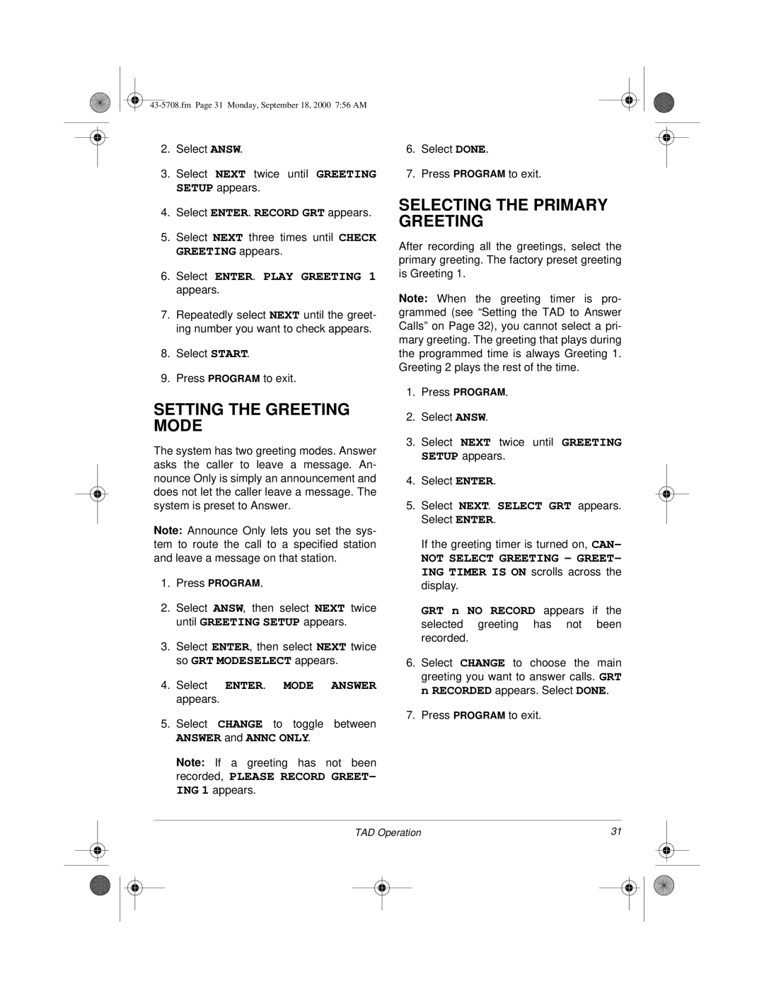 Sprint Nextel SP7084 owner manual Setting the Greeting Mode, Selecting the Primary Greeting 