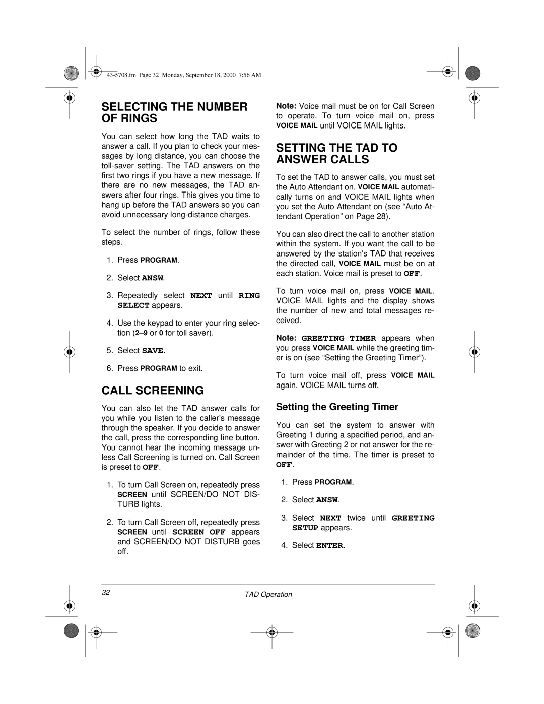 Sprint Nextel SP7084 owner manual Selecting the Number of Rings, Call Screening, Setting the TAD to Answer Calls 