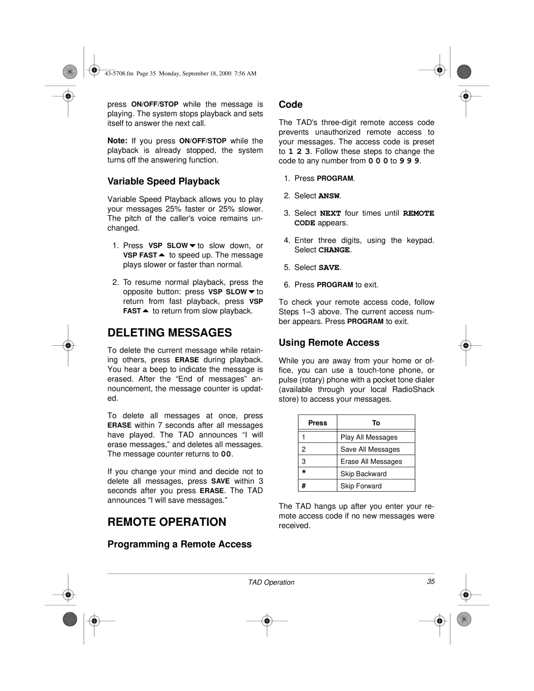 Sprint Nextel SP7084 Deleting Messages, Remote Operation, Variable Speed Playback, Programming a Remote Access Code 