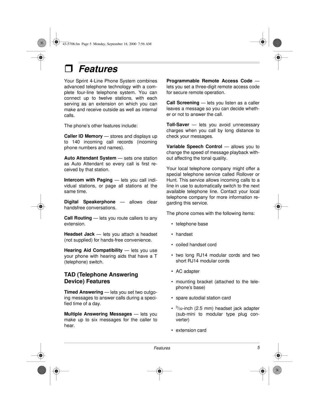 Sprint Nextel SP7084 owner manual TAD Telephone Answering Device Features 