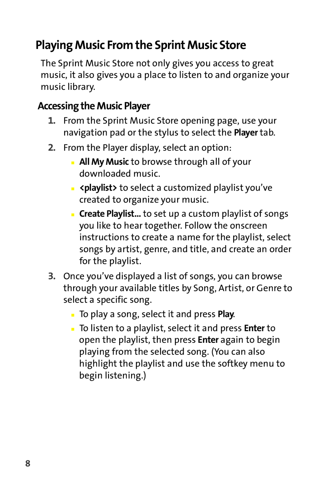 Sprint Nextel Stereo Receiver manual Playing Music From the Sprint Music Store, Accessing the Music Player 